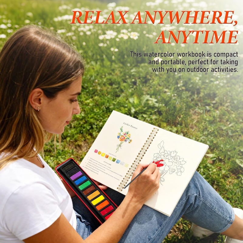 KOSIMI Watercolor Workbook – Water Coloring Book, Beginner Watercolor Painting Kit Paint Set Workbook with 12 Watercolor Paints & Brush (Flower A) - Image 2